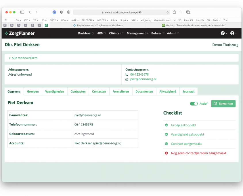 Schermafbeelding ZorgPlanner Personeelsdossier